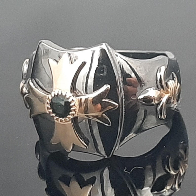 Knights Templar Ring - Gold Plated Cross Sterling Silver & Blue Sapphire - Bricks Masons