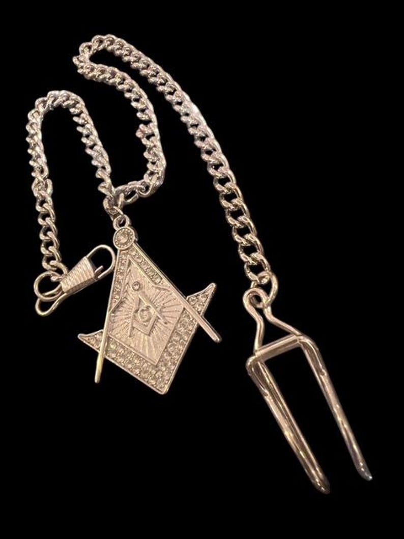 Master Mason Blue Lodge Pocket Watch Chain - Silver and Crystal - Bricks Masons