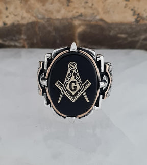 Master Mason Blue Lodge Ring - Handmade Sterling Silver Black Onyx - Bricks Masons
