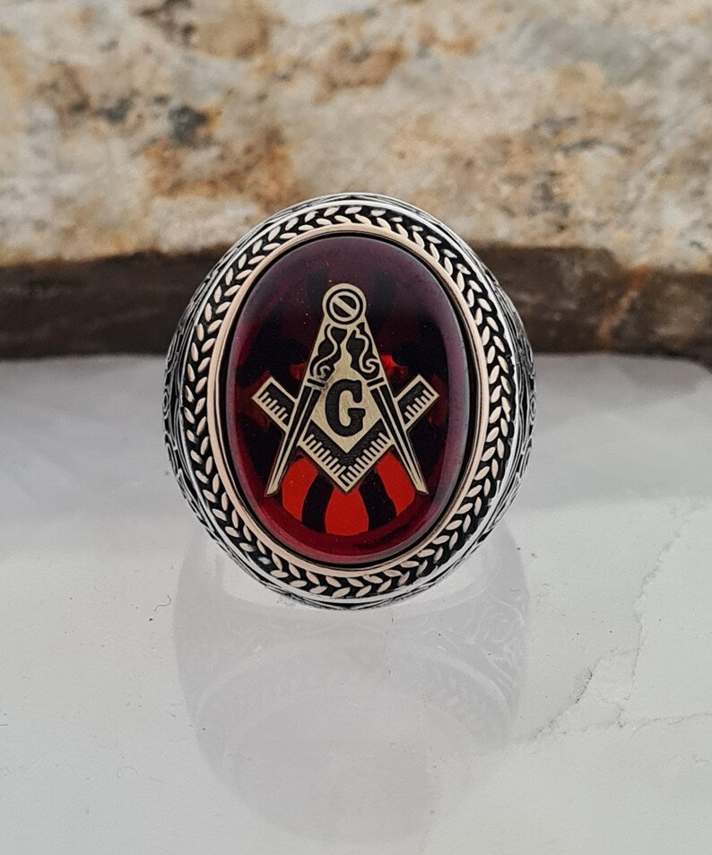 Master Mason Blue Lodge Ring - Handmade Sterling Silver Onyx - Bricks Masons