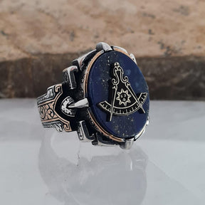 Master Mason Blue Lodge Ring - Handmade Sterling Silver Lapis Lazuli - Bricks Masons