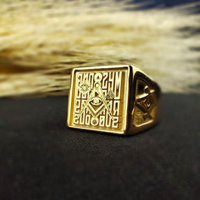 Master Mason Blue Lodge Ring - Square Shape With Eye of Providence Gold & Silver - Bricks Masons