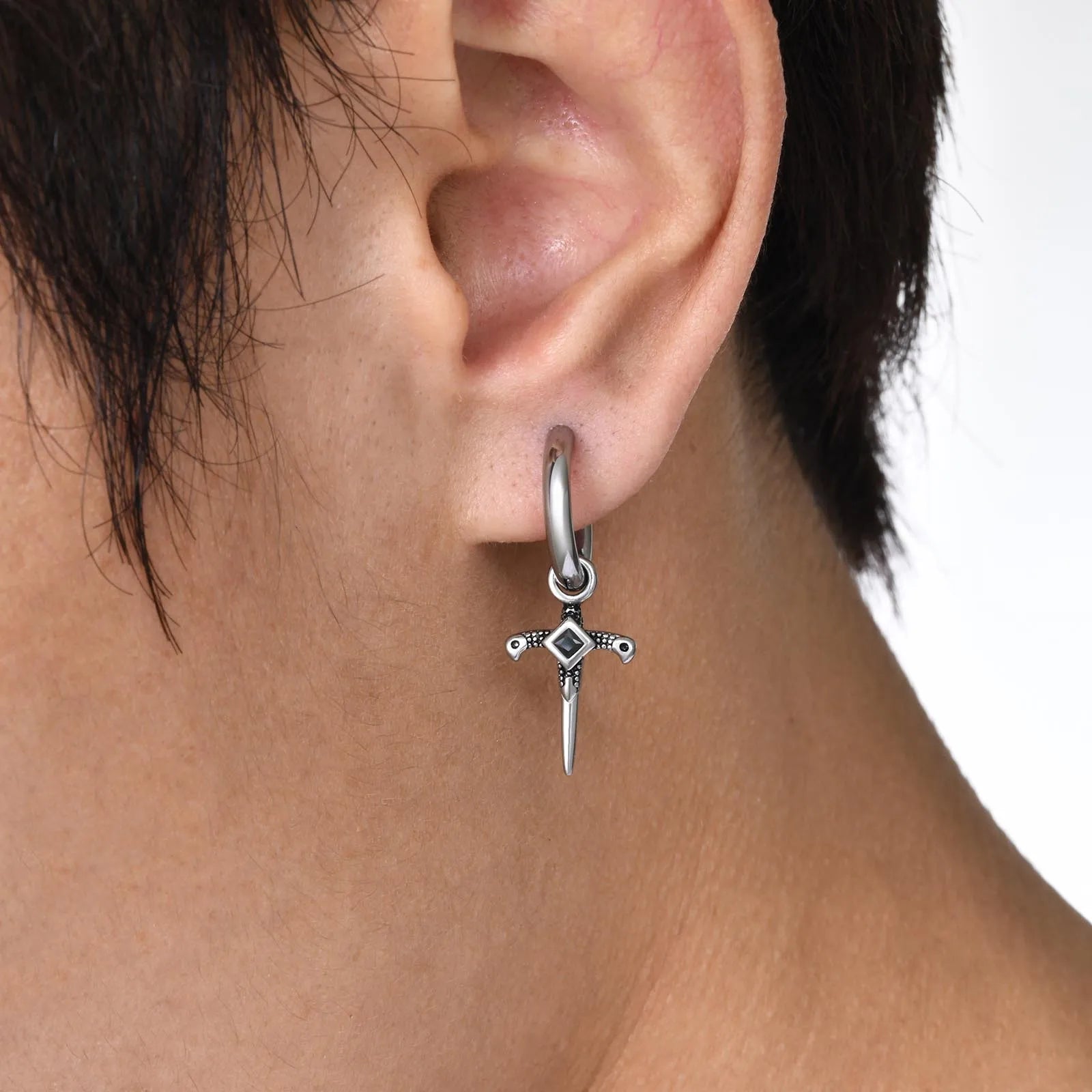 Knights Templar Earring - Stainless Steel With Black Stone - Bricks Masons