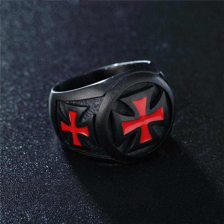 Knights Templar Ring - Black Tone Red Cross - Bricks Masons