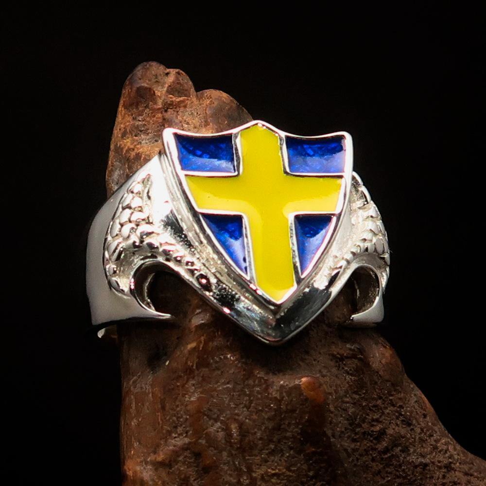Knights Templar Ring - Flag of Sweden Yellow Cross on Blue Sterling Silver - Bricks Masons