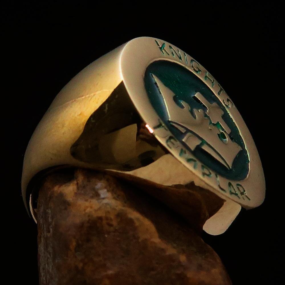 Knights Templar Ring - Gold & Green Solid Brass - Bricks Masons