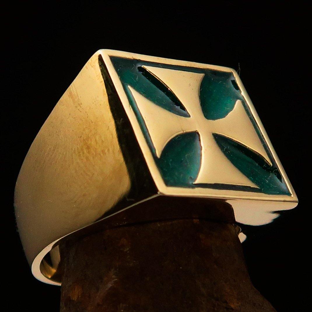 Knights Templar Ring - Green & Gold Solid Brass With Cross - Bricks Masons