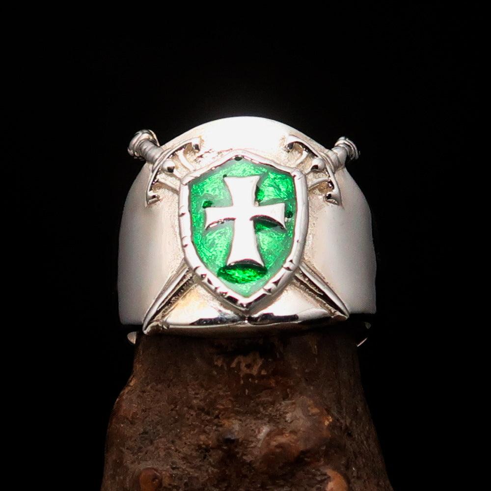 Knights Templar Ring - Green Templar Shield Cross Sterling Silver - Bricks Masons
