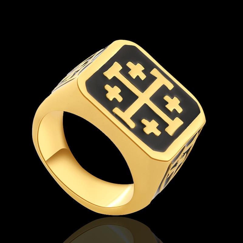 Knights Templar Ring - Jerusalem Cross Gold - Bricks Masons
