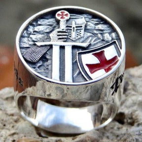 Knights Templar Ring - Red Armor Shield Crusader Cross - Bricks Masons