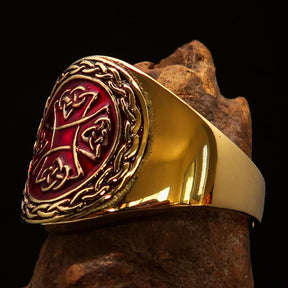 Knights Templar Ring - Red & Gold Cross Solid Brass - Bricks Masons