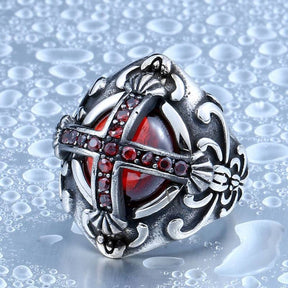 Knights Templar Ring - Red Stone Cross Silver and Gold - Bricks Masons