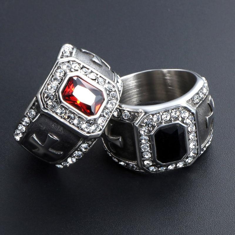 Knights Templar Ring - Zirconia Cross (Black/Red) - Bricks Masons