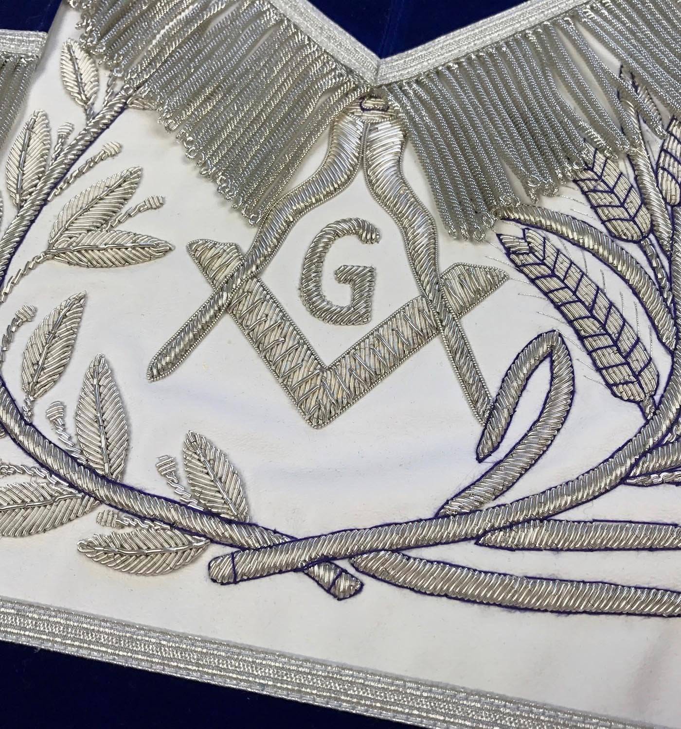 Master Mason Blue Lodge Apron - Blue Velvet with Silver Fringe Hand Embroidered - Bricks Masons