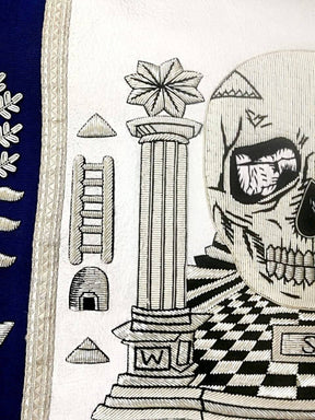 Master Mason Blue Lodge Apron - Skull Pillars Masters Carpet Silver Embroidery - Bricks Masons