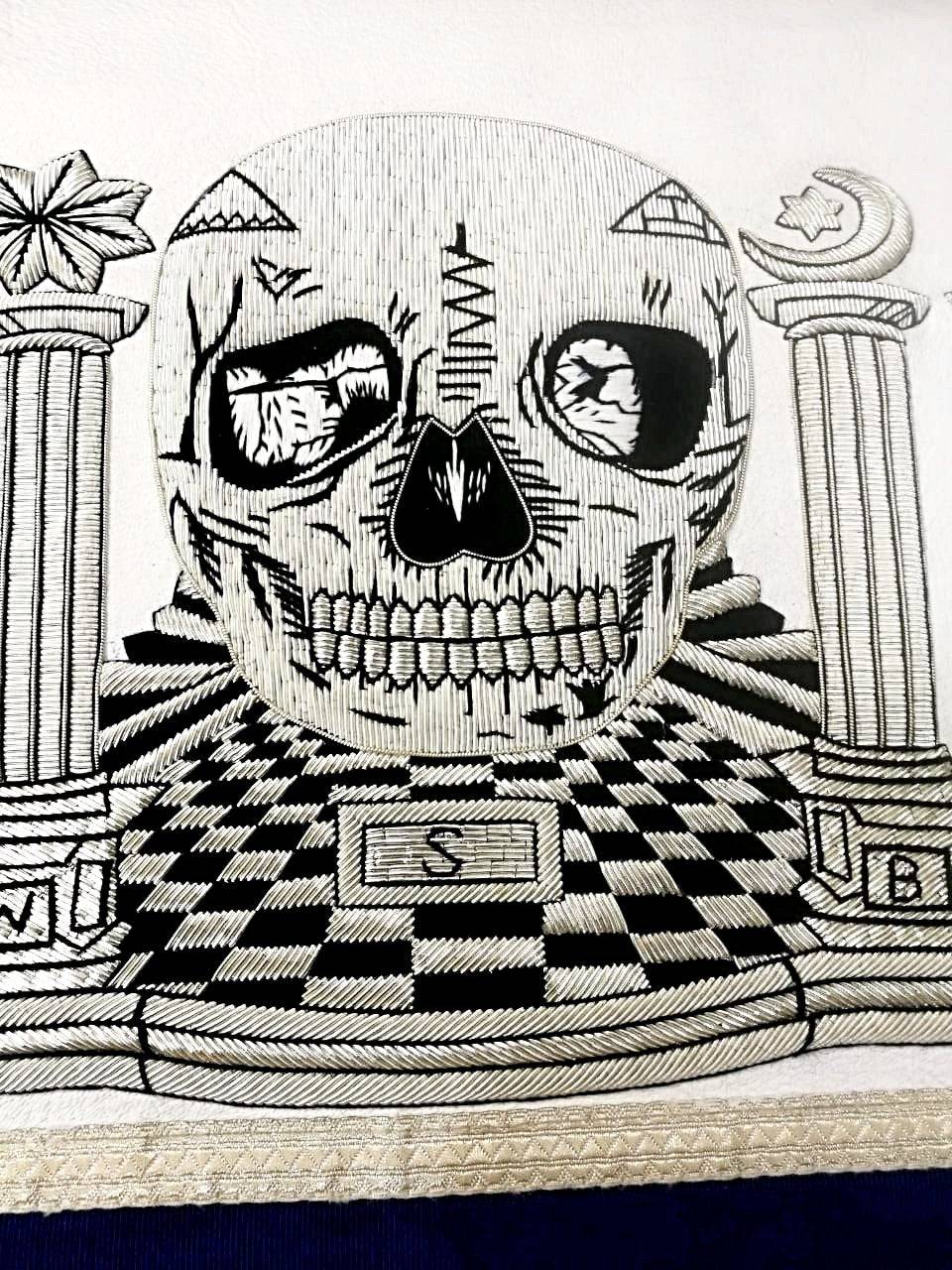 Master Mason Blue Lodge Apron - Skull Pillars Masters Carpet Silver Embroidery - Bricks Masons