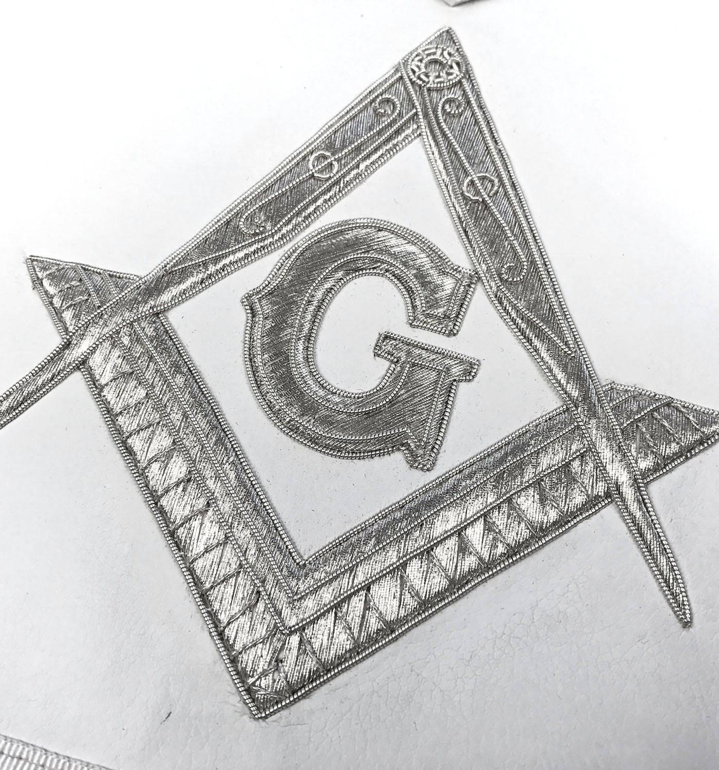 Master Mason Blue Lodge Apron - White Moire Ribbon with Silver Hand Embroidery - Bricks Masons