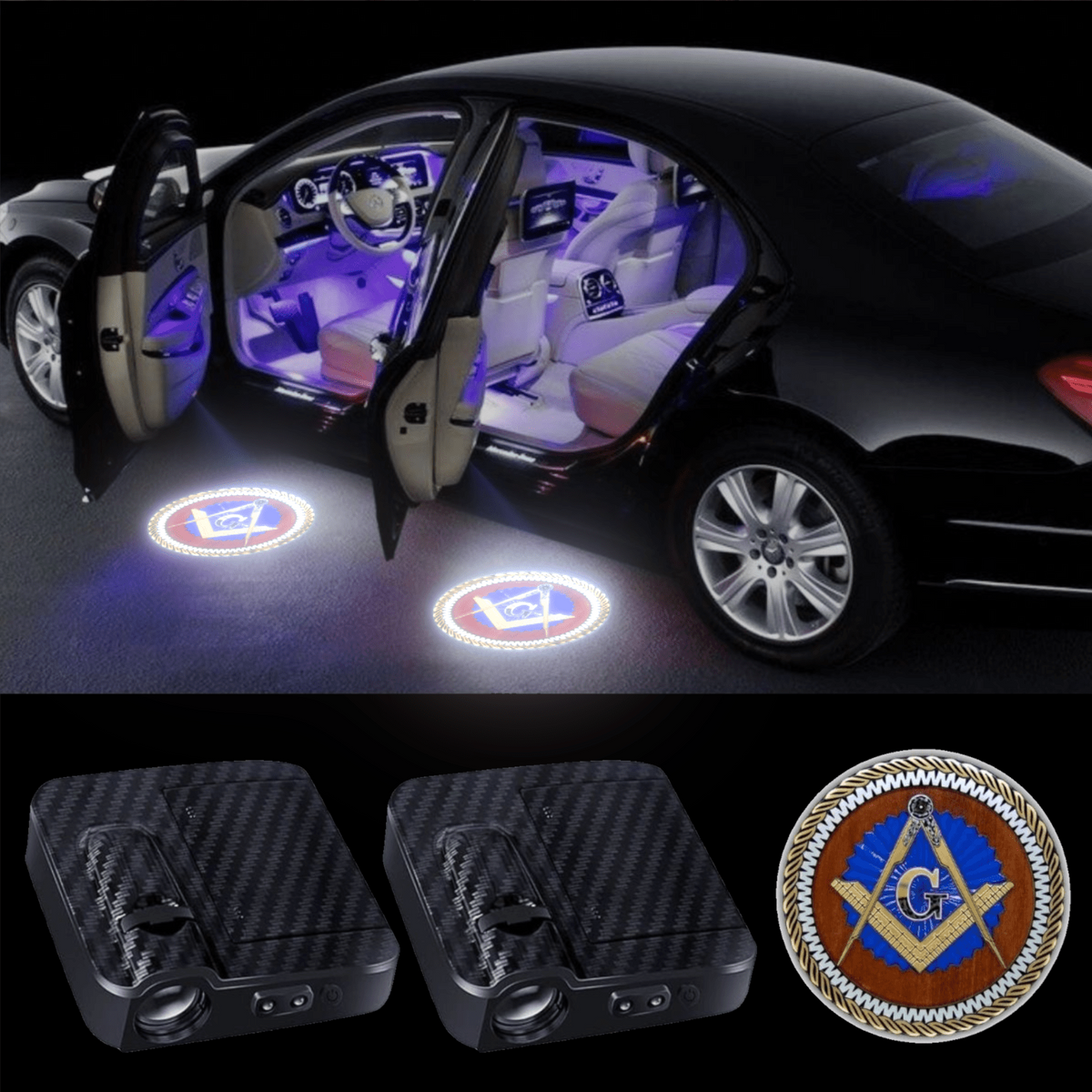 Master Mason Blue Lodge Car Door Light Projector - 2 Pieces Wireless LED Square & Compass - Bricks Masons