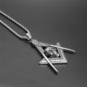 Master Mason Blue Lodge Necklace - Silver Stainless Steel Skull Pendant - Bricks Masons