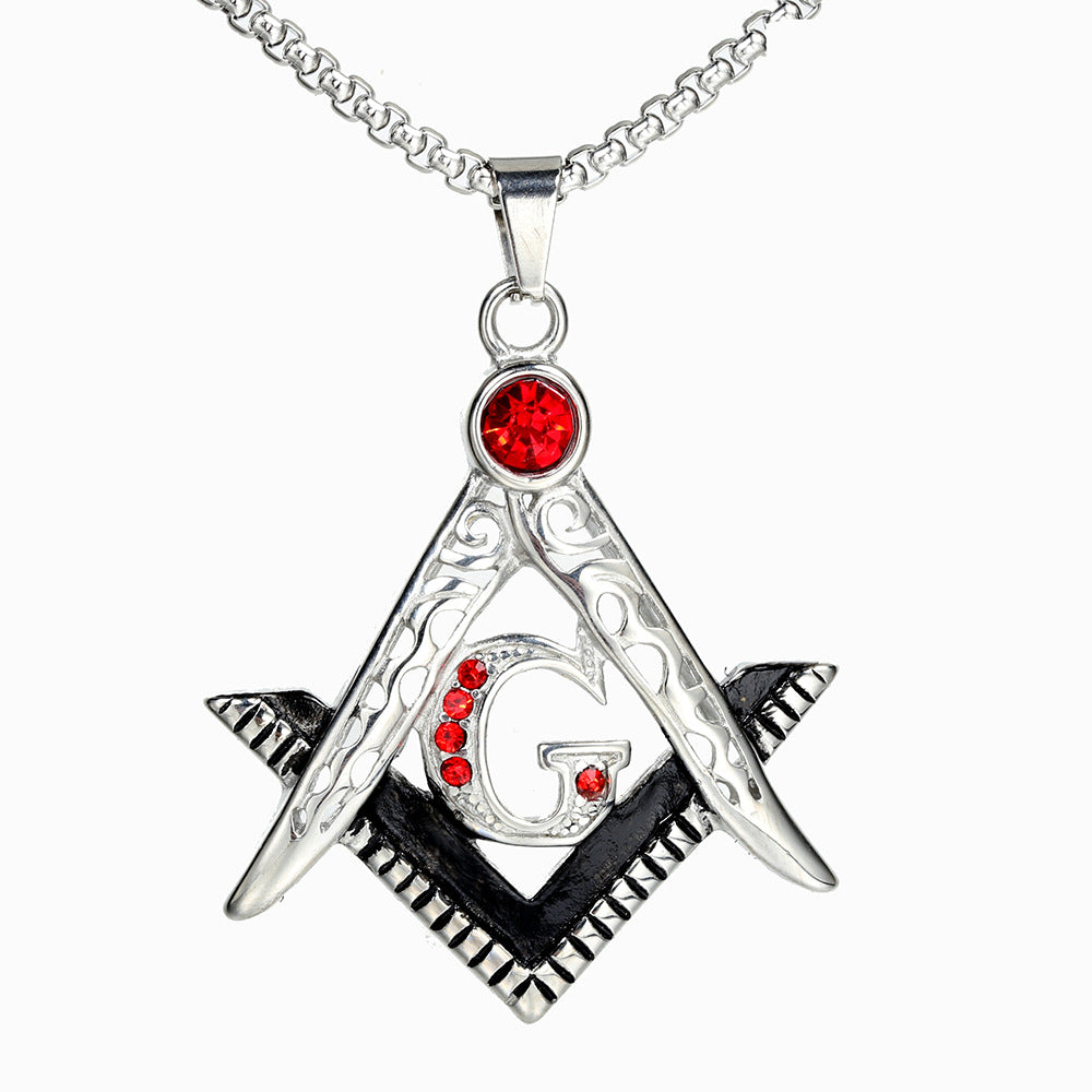 Master Mason Blue Lodge Pendant - Silver Stainless Steel Red Gemstone Square & Compass G - Bricks Masons