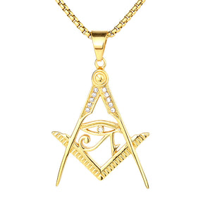 Master Mason Blue Lodge Pendant - Titanium Steel Gold Plated Square & Compass With Eye Of Horus - Bricks Masons