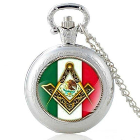Master Mason Blue Lodge Pocket Watch - Compass & Square Mexico Flag Pocket - Bricks Masons