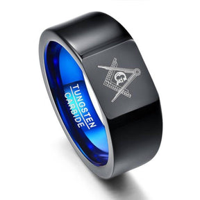 Master Mason Blue Lodge Ring - Black & Blue Tungsten Personalizable - Bricks Masons