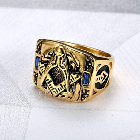 Master Mason Blue Lodge Ring - Compass And Square Golden and Blue Pearls - Bricks Masons