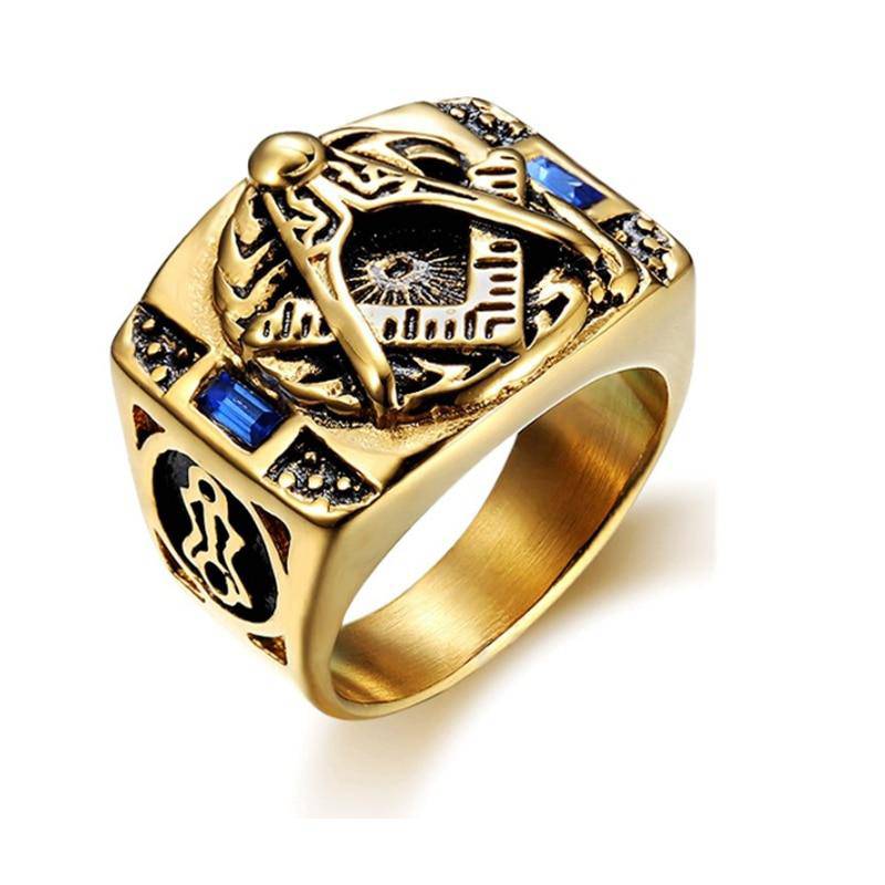 Master Mason Blue Lodge Ring - Compass And Square Golden and Blue Pearls - Bricks Masons