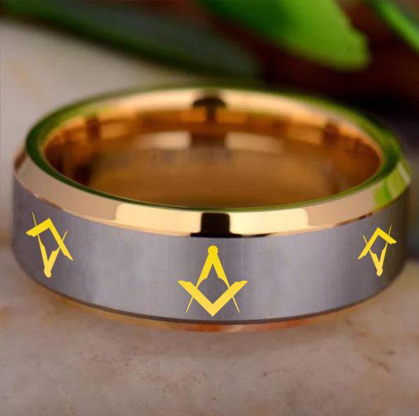Master Mason Blue Lodge Ring - Gold Beveled Tungsten Personalizable - Bricks Masons