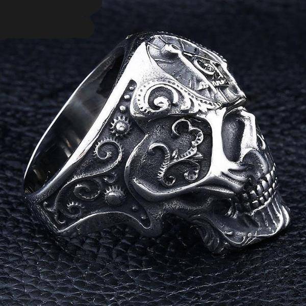 Master Mason Blue Lodge Ring - Gothic Skull Motif Silver - Bricks Masons