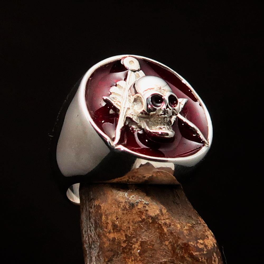 Master Mason Blue Lodge Ring - Red Sterling Silver With Skull Square Compass - Bricks Masons