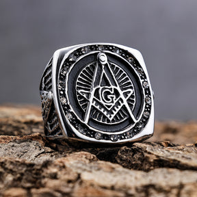 Master Mason Blue Lodge Ring - Square and Compass G Rhinestone - Bricks Masons