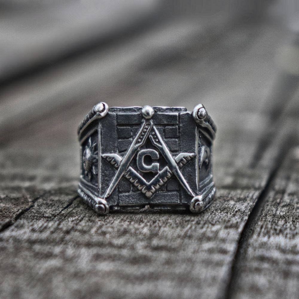 Master Mason Blue Lodge Ring - Square & Compass G/Sun and Moon Stainless Steel - Bricks Masons