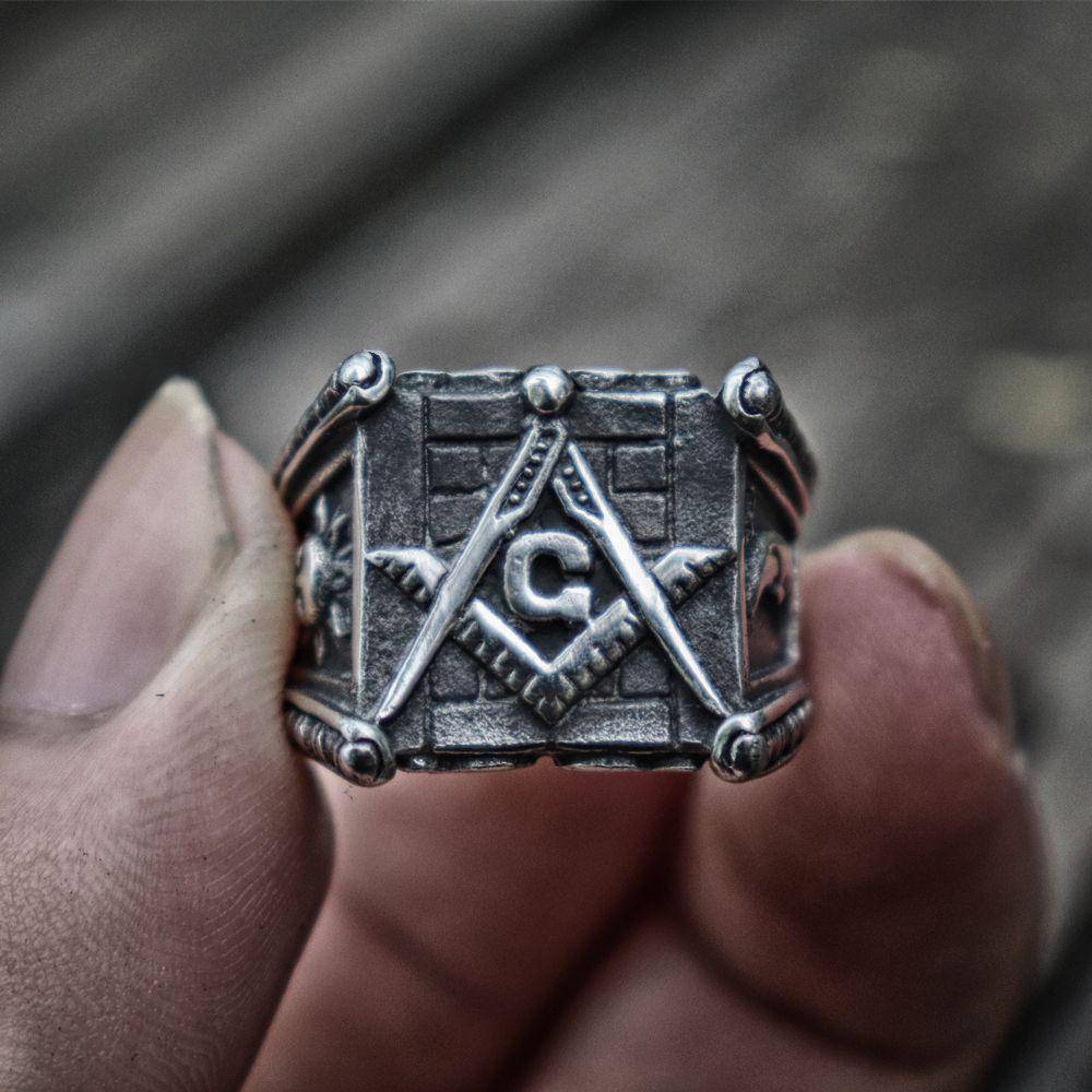 Master Mason Blue Lodge Ring - Square & Compass G/Sun and Moon Stainless Steel - Bricks Masons