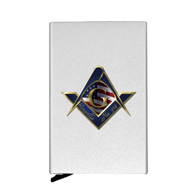 Master Mason Blue Lodge Wallet - Metal Square and Compass G with American Fag - Bricks Masons