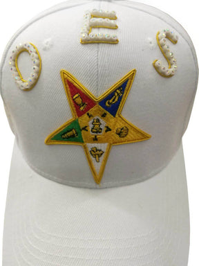 OES Baseball Cap - White with Jewels & Bullion Embroidery - Bricks Masons