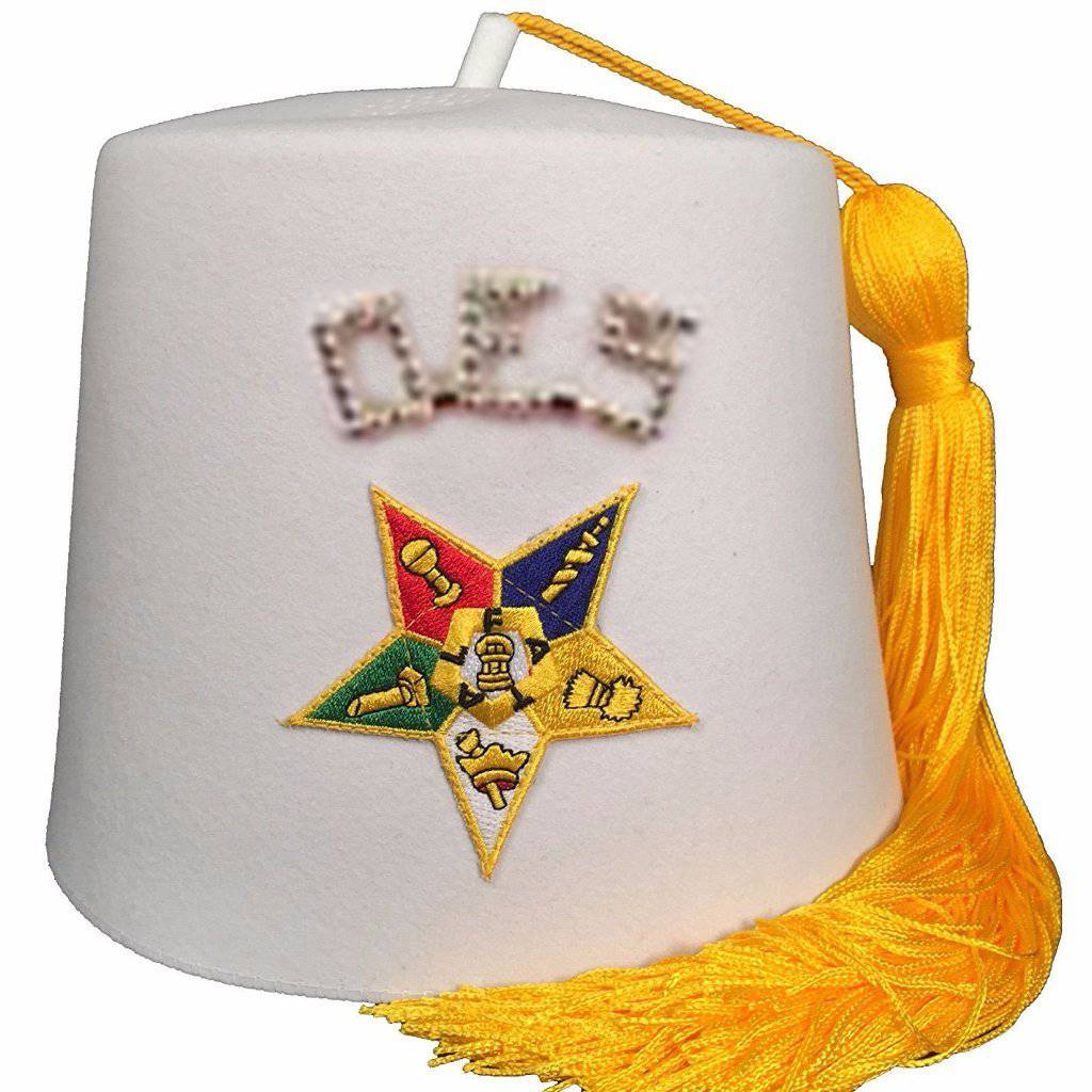 OES Fez Hat - Pure White Machine Embroidered - Bricks Masons