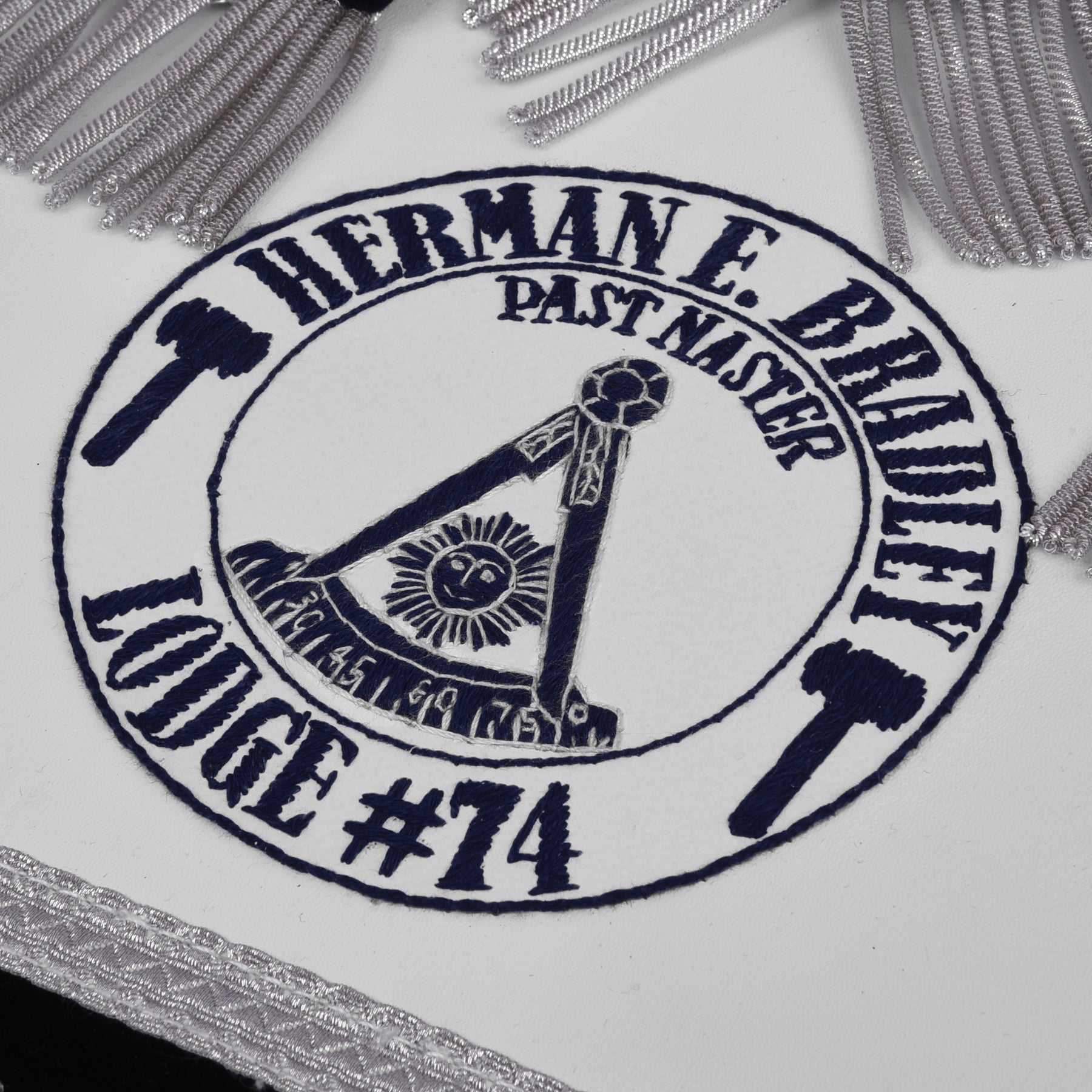 Past Master Blue Lodge Apron - Hand Embroidery Silver Bullion With Blue Velvet - Bricks Masons