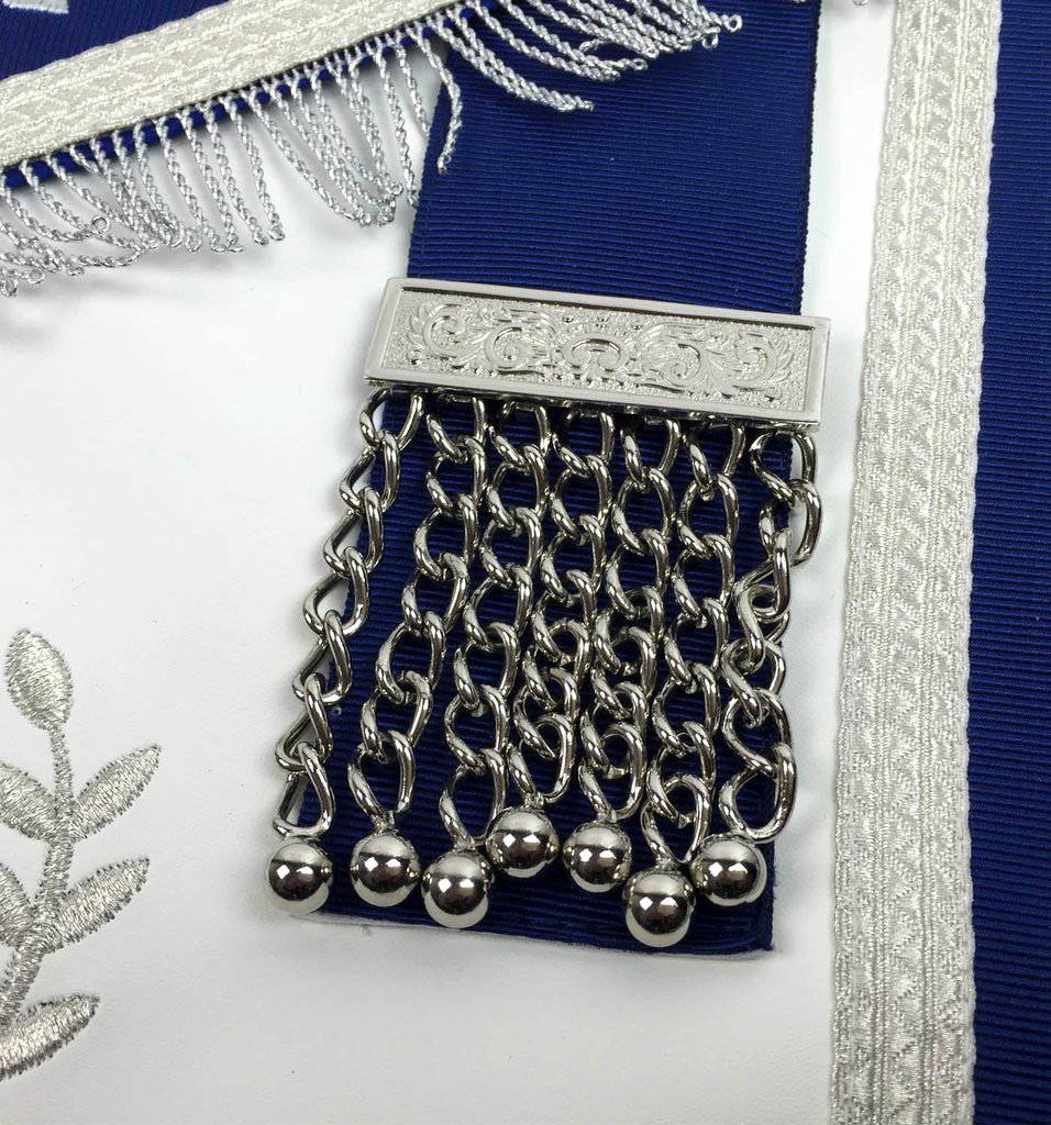 Past Master Blue Lodge Apron - White & Royal Blue with Silver Embroidery - Bricks Masons
