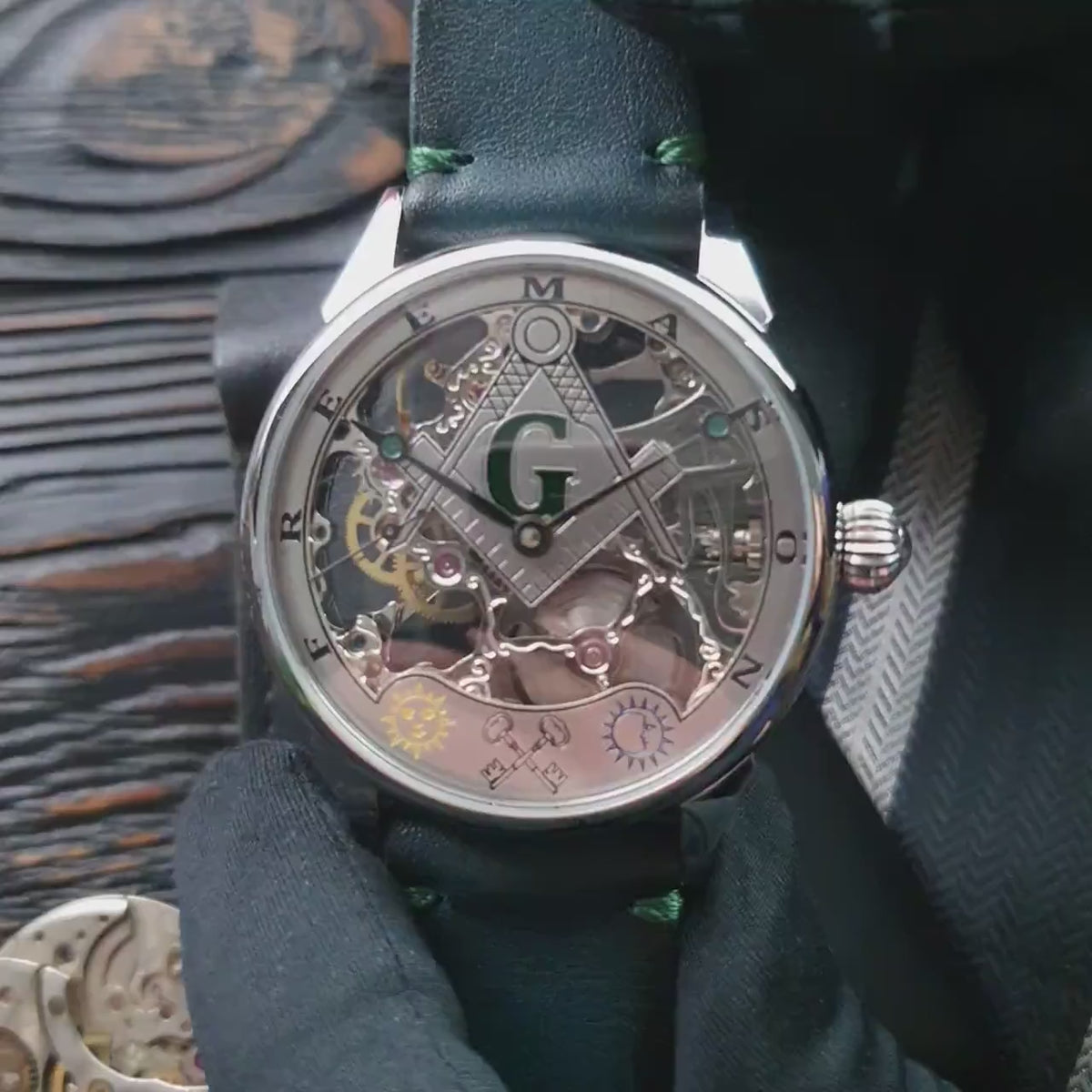 Master Mason Blue Lodge Wristwatch -  Silver Skeleton Dial Intricate Detailing