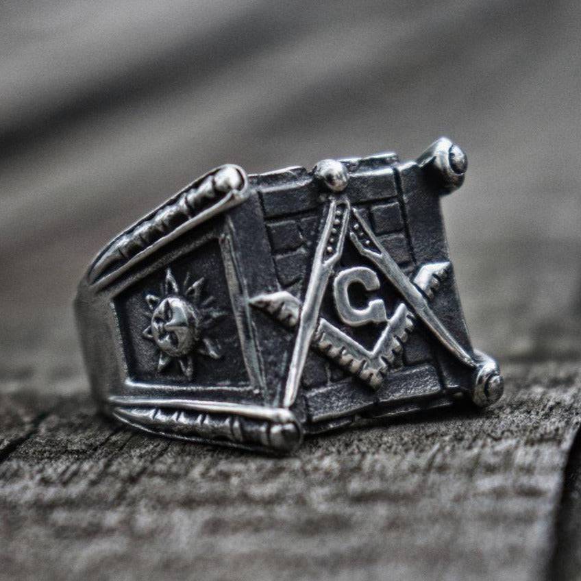 Master Mason Blue Lodge Ring - Square & Compass G/Sun and Moon Stainless Steel