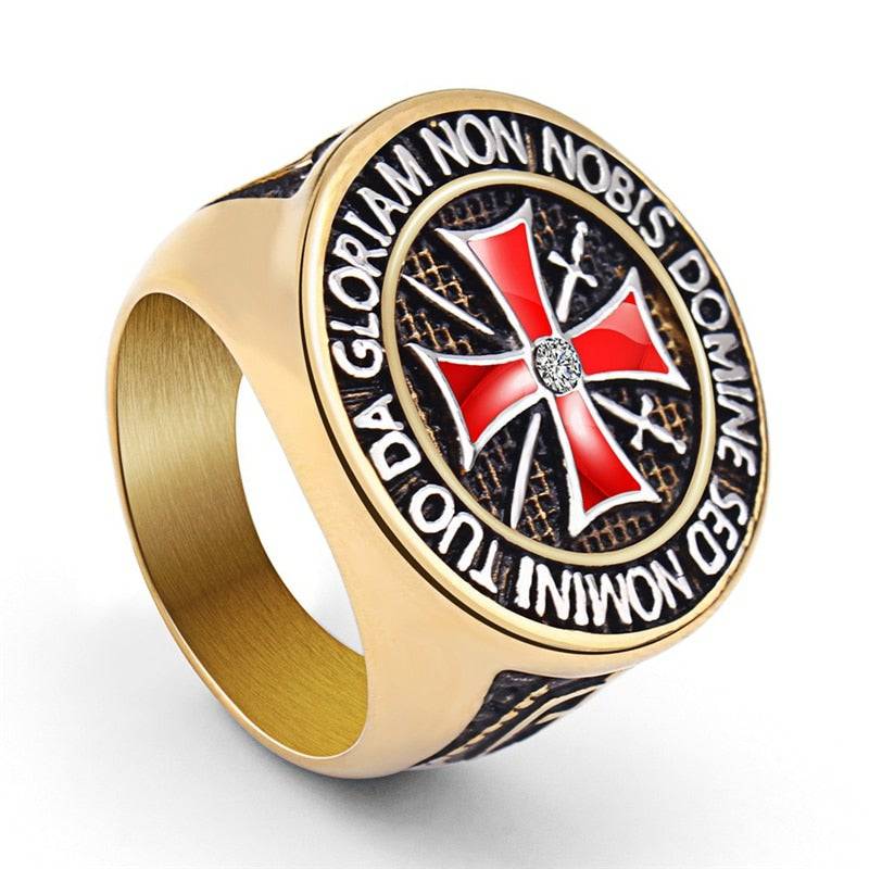 Knights Templar Commandery Ring - Stainless Steel Rhinestone Red Cross