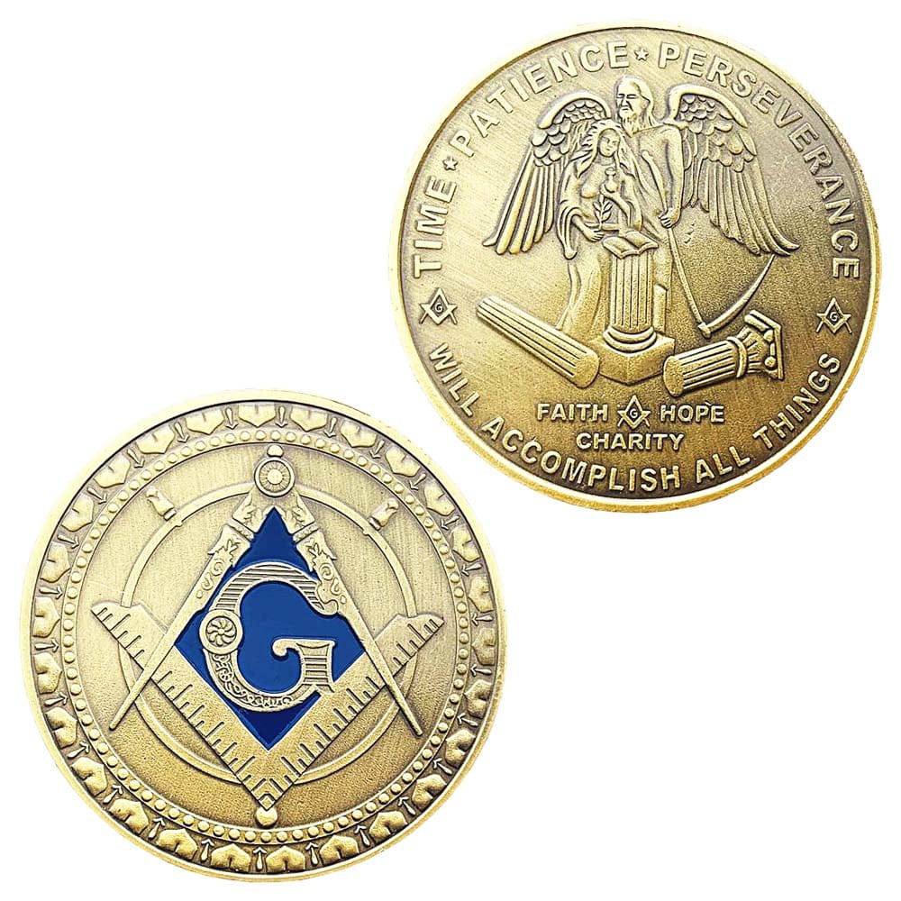 Master Mason Blue Lodge Coin - Faith Hope Charity Square Compass G Iron Copper Blue Plated