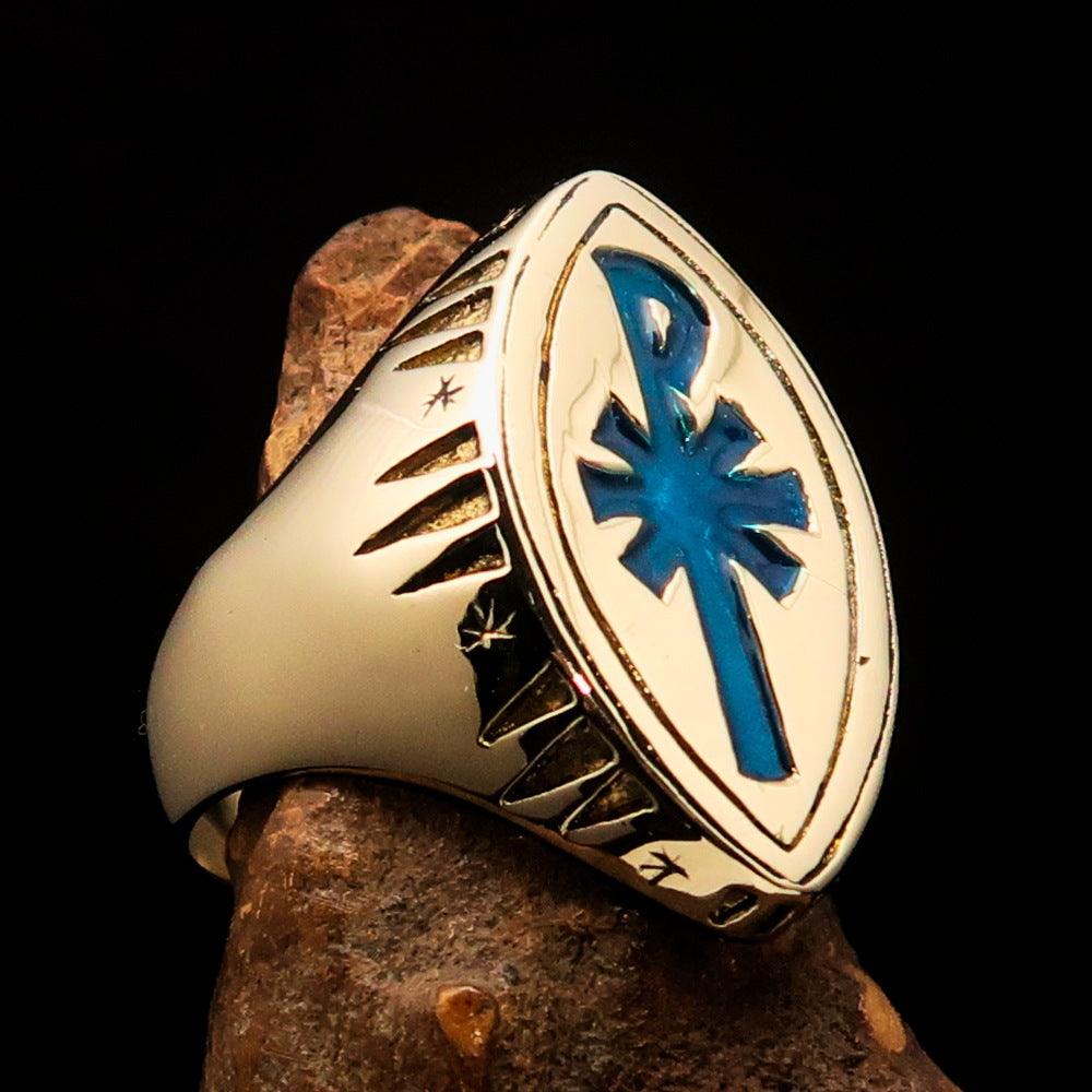 Red Cross Of Constantine Ring - Gold & Blue Chi Rho Christogram Brass - Bricks Masons