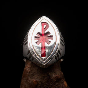 Red Cross Of Constantine Ring - Silver & Red Chi Rho Christogram Sterling Silver - Bricks Masons
