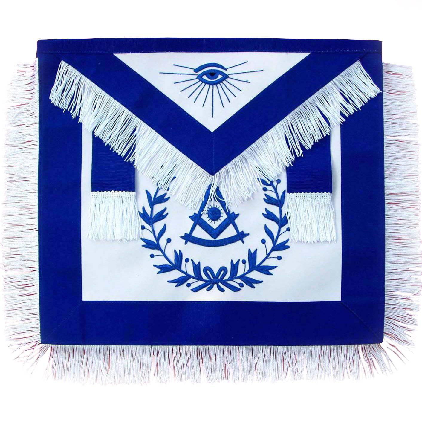 Past Master Blue Lodge Apron - Royal Blue with Wreath & White Fringe Tassels