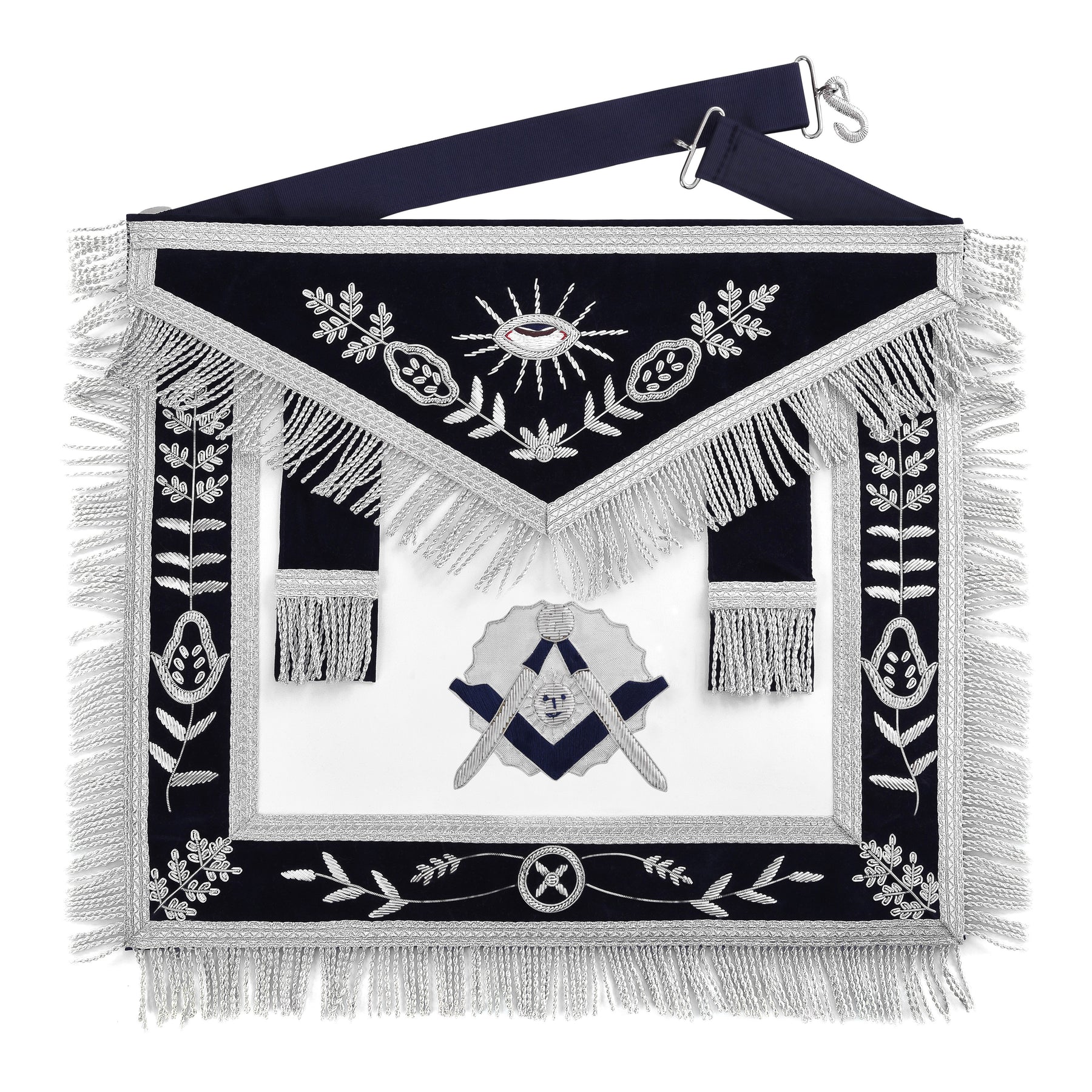 Senior Deacon Blue Lodge California Officer Apron - Dark Blue With Silver Hand Embroidery Bullion - Bricks Masons