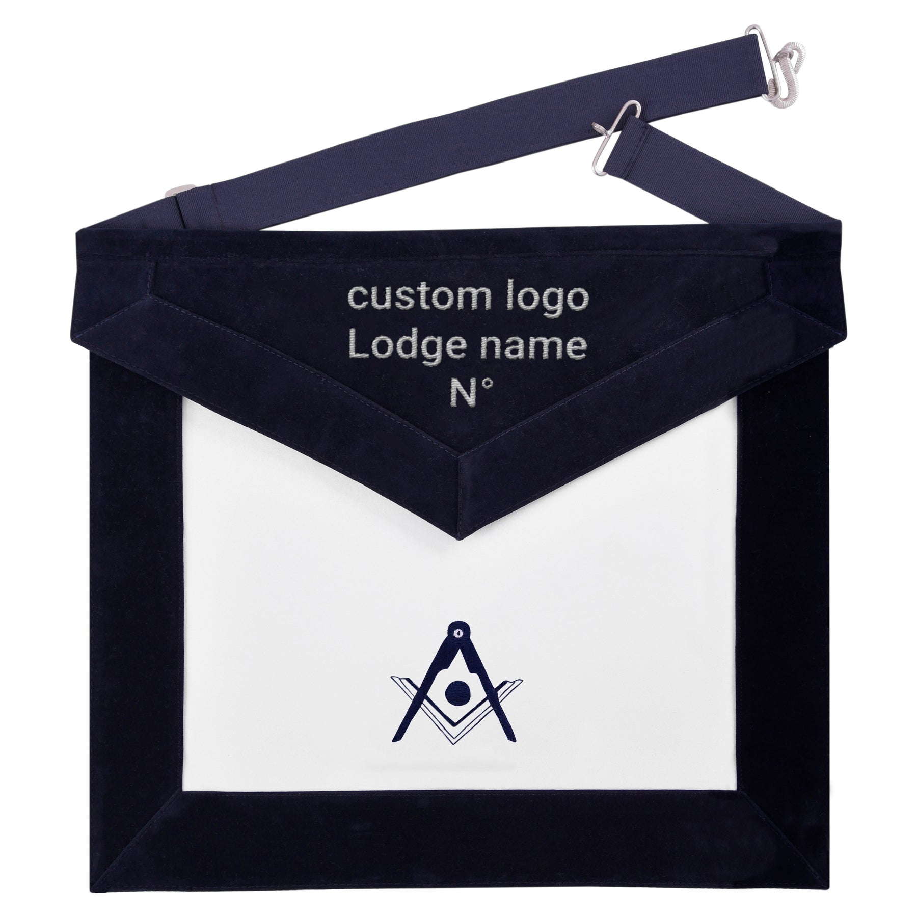 Senior Deacon Blue Lodge California Officer Apron - Navy Velvet With Silver Embroidery Thread - Bricks Masons