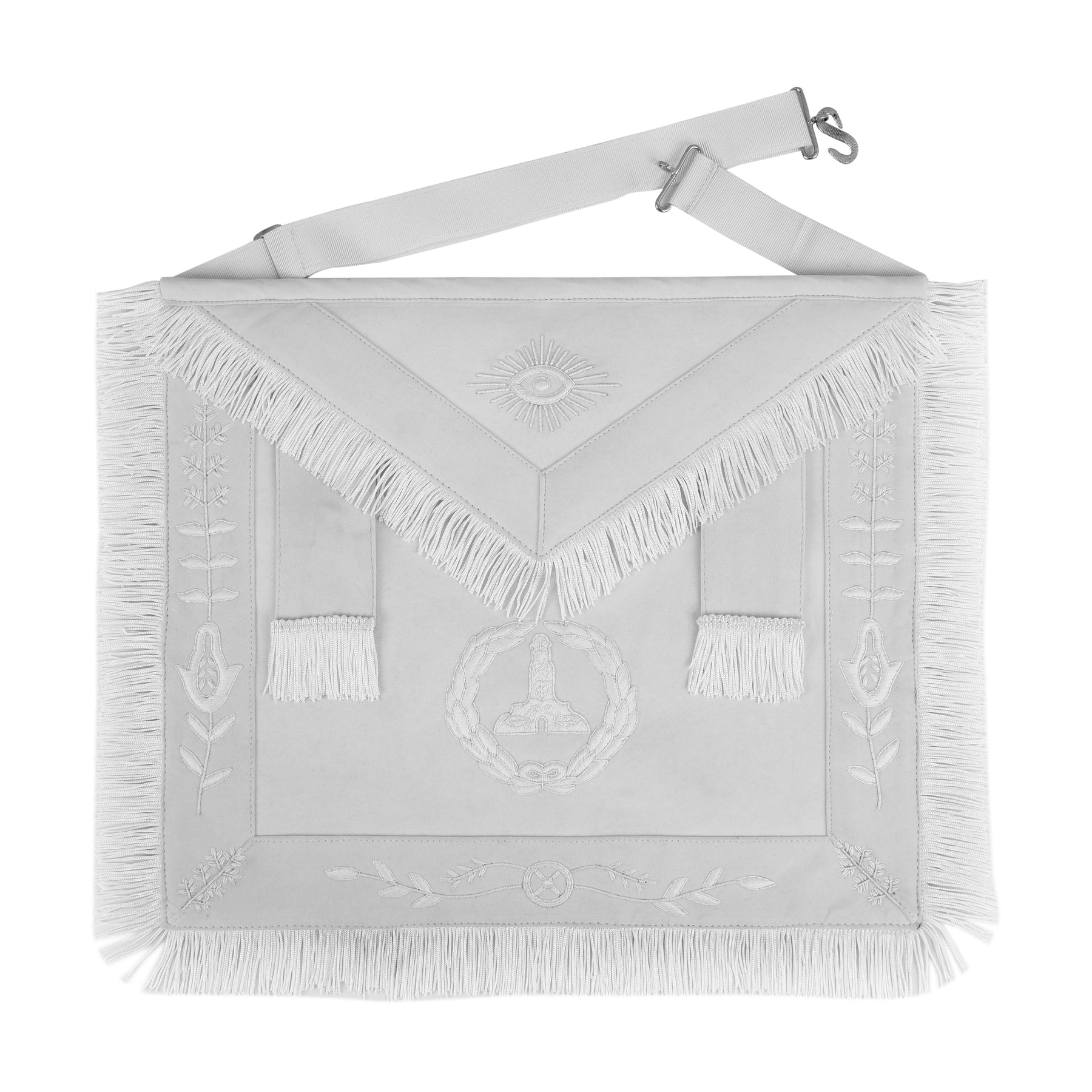 Senior Warden Blue Lodge Officer Apron - Hand Embroidery With White Fringe & Side Tabs - Bricks Masons